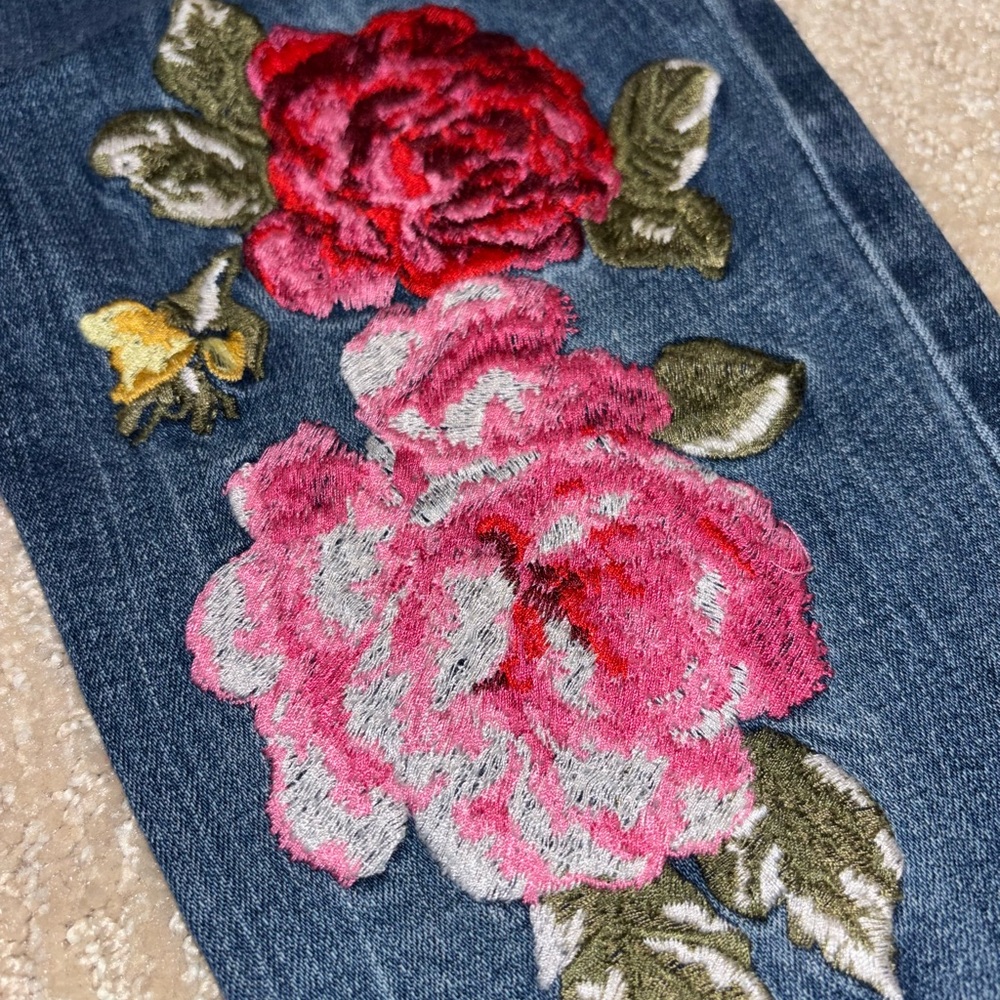 Red and Blue Skinny Jeans with Floral Embroidery - Picture 2 of 3